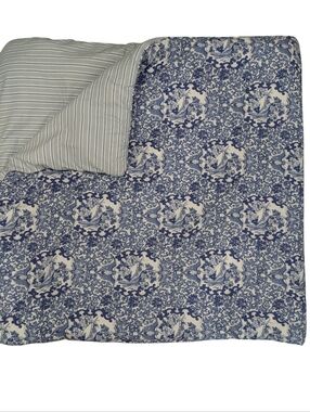 Ralph Lauren Tamarind Full Queen Comforter Bird Reverse Blue White Stripe Cotton